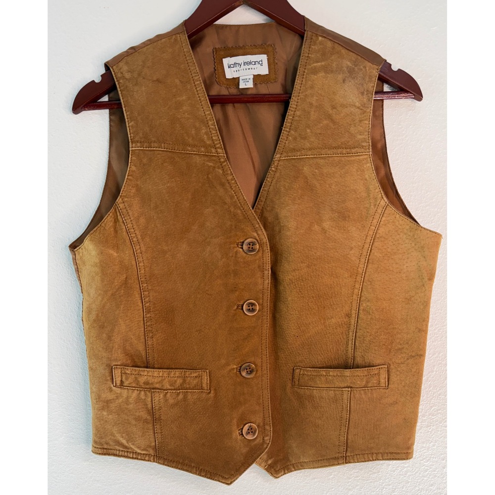 Vintage 90s Kathy Ireland Tan Suede Front Vest Western Boho Indie Festival Large